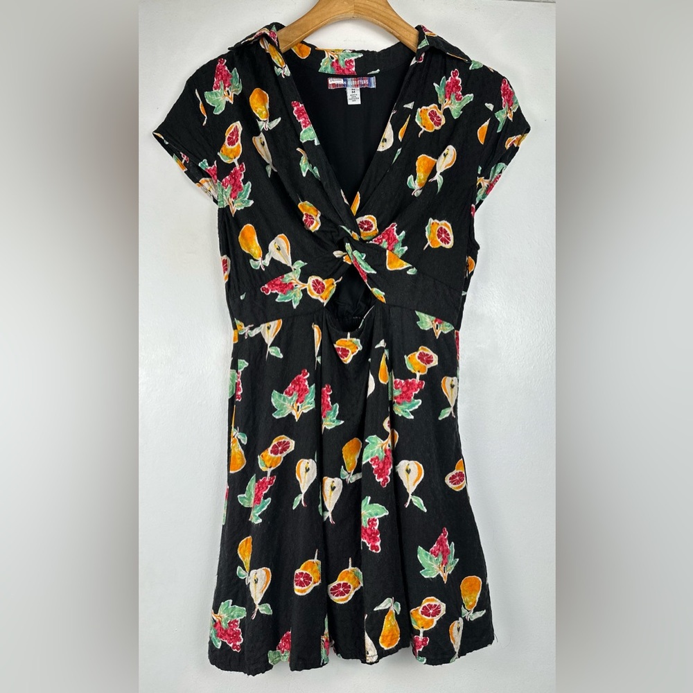Urban Outfitters Womens Mini Dress Black Fruit Print Size Med Harlow Twist Front
